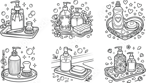 Black and white line art soap dispensers brushes and sponges in decorative trays with bubbles and flowers