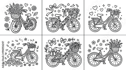 Black and white line art floral bicycles with baskets and hearts vector collection