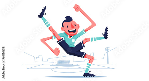 Energetic cartoon soccer player celebrating a goal with a high kick on a stadium field, vector illustration.