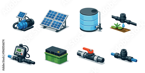 Solar pump panels and irrigation valves on gray background