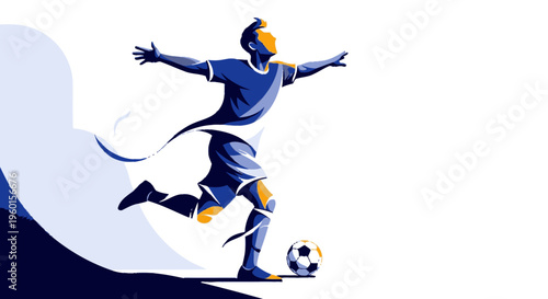 Dynamic black and white illustration of a triumphant soccer player with arms outstretched, surrounded by swirling energy lines against a dark background.