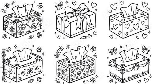 Black and white floral and heart patterned tissue boxes with ribbons and bows line art