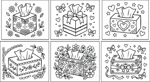 Line art floral and heart patterned tissue box illustration set with bows and ribbons
