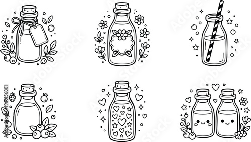 Black and white cute milk bottles with floral and heart decorations line art