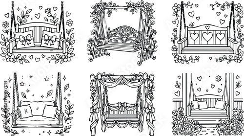 Black and white line art six floral garden swing seats with cushions and bows