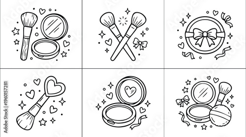 Black and white line art makeup brushes and compact powder with hearts and stars