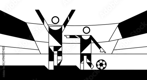 Abstract black and white illustration of two stylized figures in a stadium, one celebrating with raised arms and another with a soccer ball, depicting a sports event.