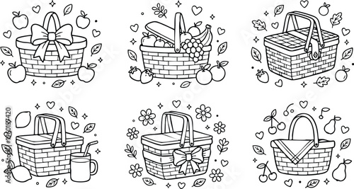 Black and white line art picnic baskets with fruit bows and drinks collection