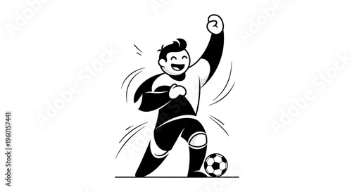 Joyful black and white illustration of a triumphant soccer player celebrating a victory with a raised fist and a ball at his feet.