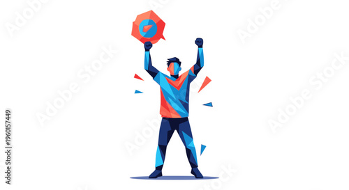 A stylized illustration of a happy golfer hitting a golf ball towards the hole with a flag on a sunny day.