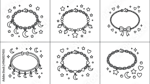 Black and white line art charm bracelets with moons stars hearts and bows