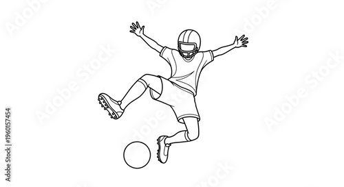 Line drawing of a person in a helmet and cleats jumping to kick a soccer ball in mid-air, showcasing dynamic athletic movement.