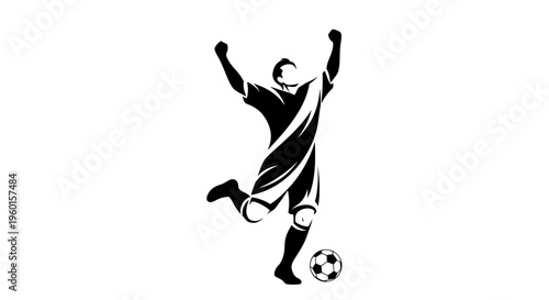 Dynamic black and white silhouette of a male soccer player celebrating a goal with arms raised and one leg kicking a football.