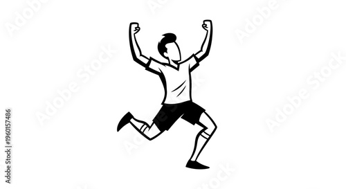 Black and white illustration of a person celebrating victory with arms raised in a triumphant pose.