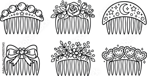 Black and white line art floral celestial heart hair comb set
