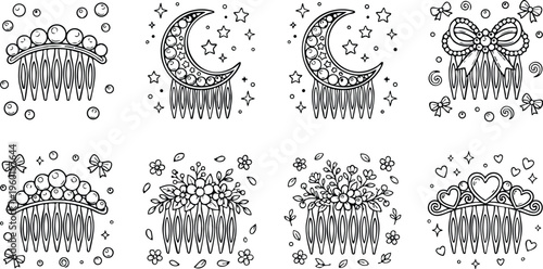Black and white line art pearl moon floral heart comb decorative elements