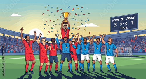 A diverse football team celebrates winning a championship trophy on a stadium pitch with confetti and a scoreboard showing the final score.