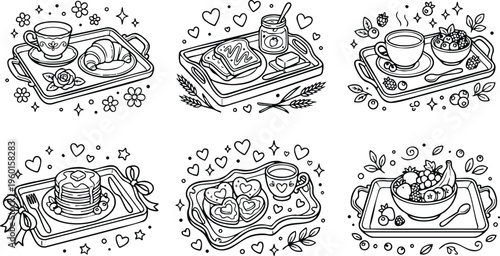 Black and white line art breakfast trays with pastries coffee and fruit bowl