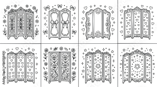 Black and white decorative folding screens with floral hearts and stars vector art