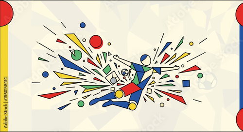 Abstract geometric illustration of a soccer player kicking a ball amidst an explosion of colorful shapes, set against a light patterned background with flag-like borders.