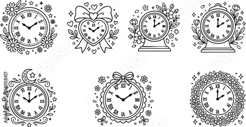Black and white floral and heart shaped clock faces with roman numerals and ornamental details vector art