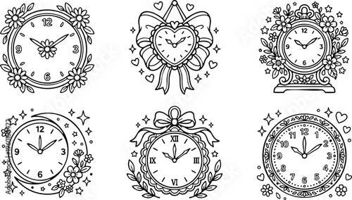 Black and white floral clock face icons with heart and ribbon details