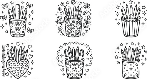 Black and white line art cups with pencils surrounded by bows hearts stars and flowers