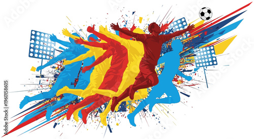 Dynamic sports illustration with colorful silhouettes of athletes in various poses, featuring a soccer ball and abstract energetic background elements.