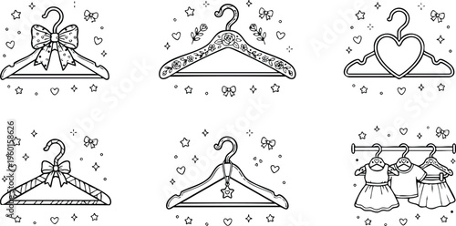 Black and white line art decorative hangers with bows hearts and dresses