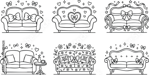 Six decorative sofas with bows hearts flowers and table