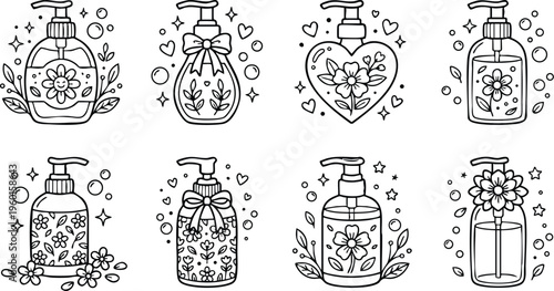 Black and white floral soap dispenser bottles with hearts stars and bubbles line art