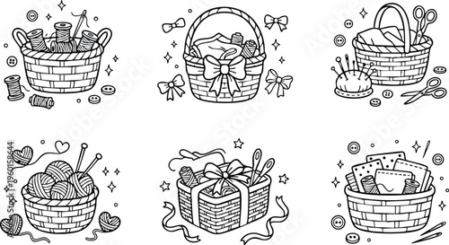 Sewing baskets with yarn scissors buttons and ribbons