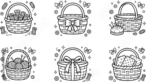 Black and white line art baskets with sewing supplies and decorative bows