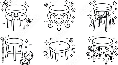 Black and white line art six decorative stools with bows floral and heart details