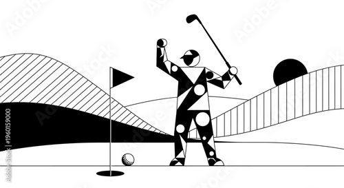 Abstract black and white illustration of a golfer celebrating a successful shot on a stylized golf course with geometric hills and a flag.