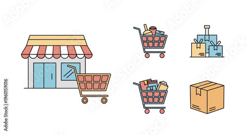 Shopping carts and a cardboard box.