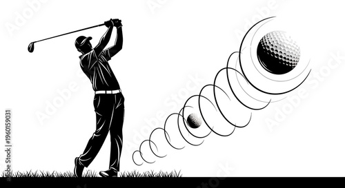 Silhouette of a golfer swinging a club, with an illustrated trajectory of a golf ball in motion against a white background.