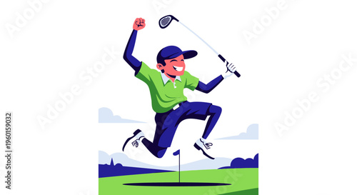 A joyful male golfer in a green shirt and blue cap jumps in celebration on a golf course after a successful shot, holding his club.