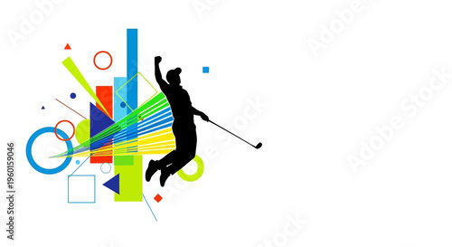 Silhouette of a triumphant golfer jumping in celebration amidst a vibrant explosion of abstract geometric shapes and colorful lines, symbolizing victory and dynamic energy.