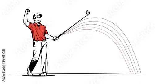 Illustration of a male golfer in a red shirt completing a powerful swing with a golf club, showing the ball's trajectory.
