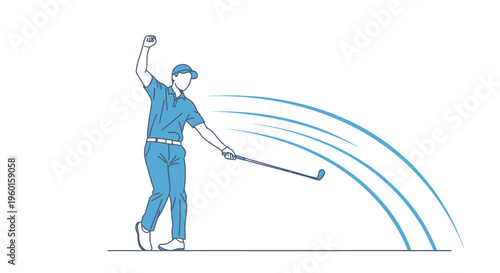An illustration of a golfer in a blue outline completing a powerful golf swing with motion lines.