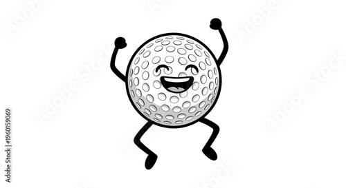A cheerful cartoon golf ball with a happy face, arms, and legs, dancing or jumping in a black and white illustration.