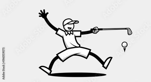 Energetic black and white cartoon stick figure golfer jumping to hit a golf ball on a tee with a club, expressing joy and enthusiasm for the sport.