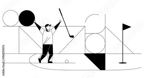 A golfer celebrates a successful shot on a minimalist, geometric golf course illustration.