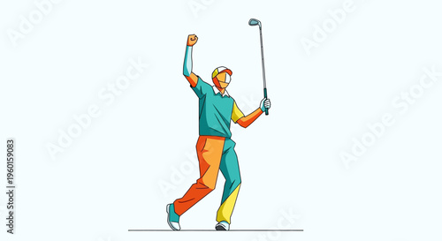 A stylized illustration of a golfer celebrating a successful shot with a raised fist and golf club.