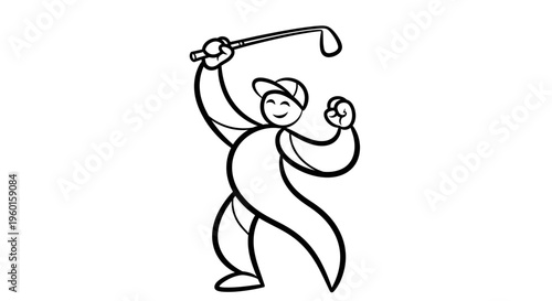 A simple black and white line art drawing of a happy golfer celebrating a successful shot, holding a golf club above their head.