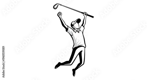 Black and white illustration of a jubilant golfer jumping in the air, celebrating a victory with a golf club raised.