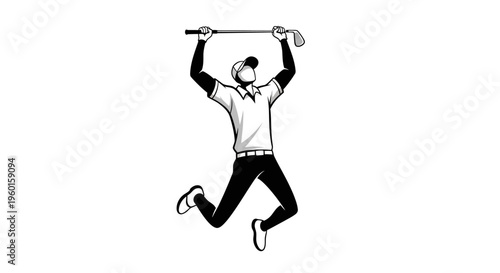 Dynamic black and white illustration of a male golfer jumping triumphantly with a golf club raised overhead, celebrating a successful shot.
