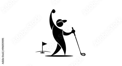Black silhouette of a triumphant golfer celebrating a successful shot on the golf course with a raised arm and club near the flag.
