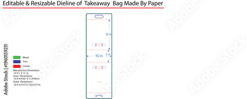 Paper takeaway bag dieline template with dimensions and fold lines 1